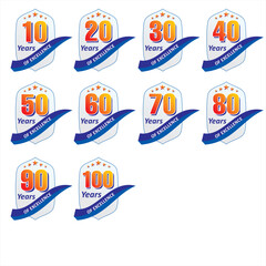 "Milestone Anniversary Badges Celebrating Years of Excellence",  10 to 100 years of excellence.eps