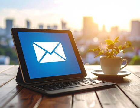 Email Icon on Tablet Screen with Cityscape Background: Digital Communication & Connectivity