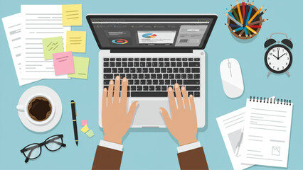 Productive desk with hands typing on laptop, business data, coffee, and office supplies. Suitable for websites, brochures, and business reports.