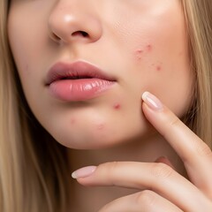 Obraz premium Close up of a young woman s face with acne blemishes and a finger touching her cheek