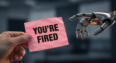 Robot Firing Human Employee: Automation and Job Loss Concept. Hand Holding You're Fired Note, Facing Robotic Arm. Future of Work, AI Impact.