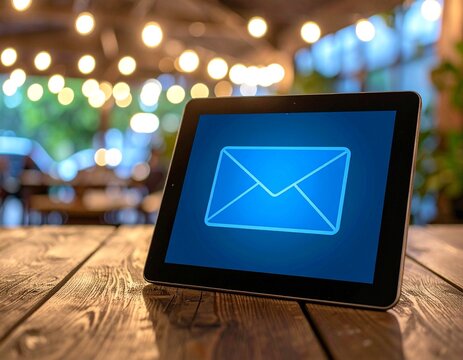Email Icon on Tablet Screen with Cityscape Background: Digital Communication & Connectivity