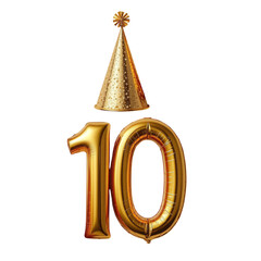 Golden Balloon Number Ten with Party Hat for Celebration Events