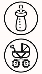 Illustration of baby bottle and stroller icons isolated on white background