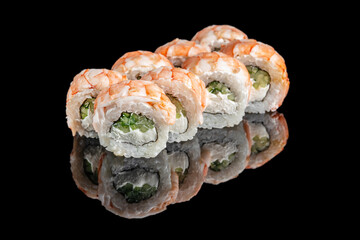 Neatly arranged sushi rolls wrapped in shrimp rest on a glossy black surface, revealing a fresh...