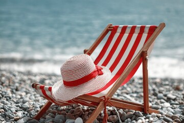 Seaside Relaxation: A striped beach chair on a pebble beach, topped with a sunhat, offering a...