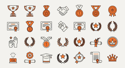 A collection of line art icons representing achievements, awards, and recognition, including trophies, medals, certificates, handshakes, laurel wreaths, grad...