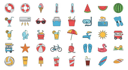 Collection of colorful summer icons, depicting various summer-related objects and activities.