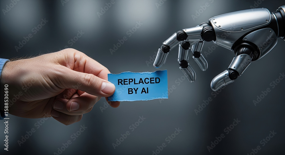 Poster ai automation replacing human labor concept: human hand holding 'replaced by ai' note with robot han
