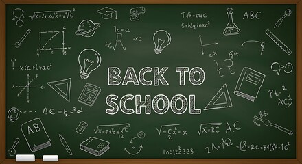 Back to school, a seamless pattern of education symbols drawn on a blackboard with chalk, featuring math formulas, science illustrations, and algebra equations