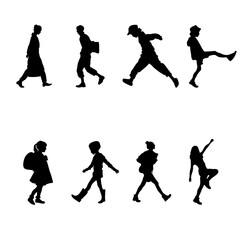 Black silhouettes of people in everyday situations, including individuals sitting, running, a family, a boy on a scooter, a couple in love, children holding hands, and a seated man