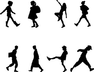 Black silhouettes of people in everyday situations, including individuals sitting, running, a family, a boy on a scooter, a couple in love, children holding hands, and a seated man