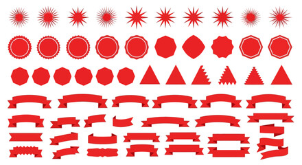 A collection of various red design elements including starbursts, badges, and ribbons, all isolated on white.