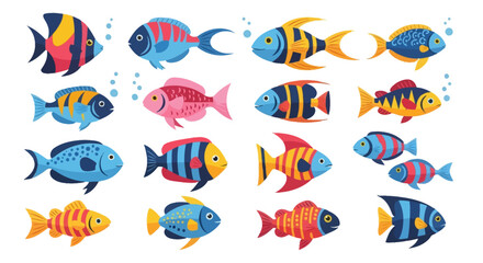 Naklejka premium Colorful cartoon illustrations of various fish species swimming in a vibrant underwater scene.