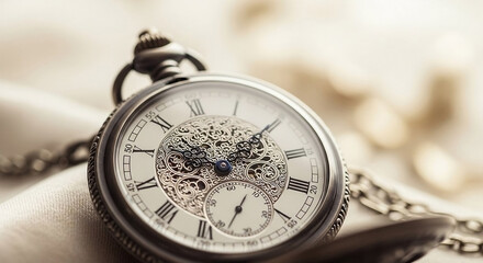 A beautifully crafted vintage pocket watch with intricate detailing on its face, resting on a soft, light-colored fabric, evoking a sense of classic sophistication and history.