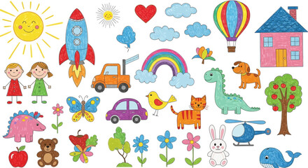 Naklejka premium A colorful collection of hand-drawn style clip art featuring a sun, rocket, children, vehicles, animals, rainbow, house, and other cheerful elements.
