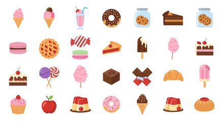 A collection of various colorful and delicious desserts, sweets, and treats arranged in a grid.