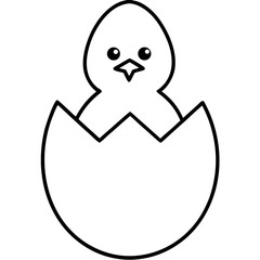 Adorable chick popping out of cracked egg shell Line Art Vector illustration