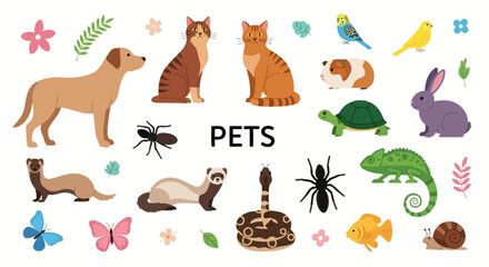 A collection of various illustrated pet animals, showcasing diversity and companionship.