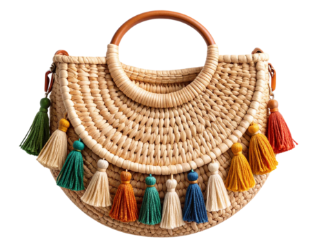 Boho Style Woven Straw Handbag with Colorful Tassels, Top View, isolated on a transparent background.
