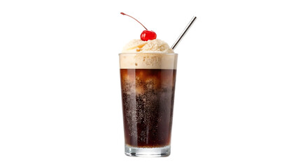 Classic root beer float with vanilla ice cream and a maraschino cherry