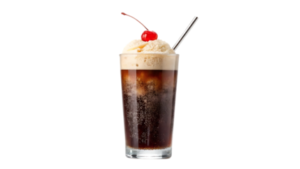 Classic root beer float with vanilla ice cream and a maraschino cherry