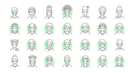 Obraz premium A collection of diverse avatars depicting people wearing face masks, showcasing various hairstyles and headwear, set against a white background with green circles.