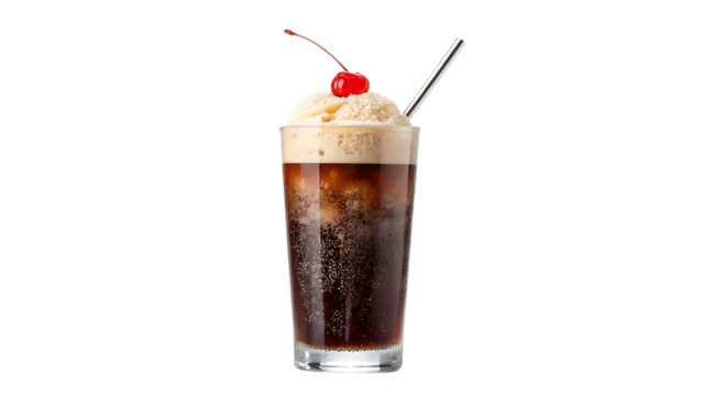 Classic root beer float with vanilla ice cream and a maraschino cherry