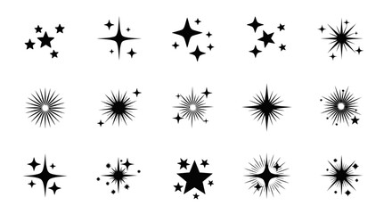 Collection of various black starburst and star shapes in different sizes and designs.