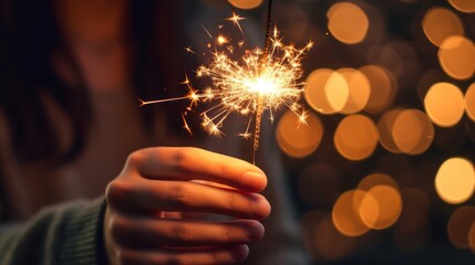 Close-up of a hand holding a glowing sparkler with golden bokeh lights in the background, symbolizing celebration, warmth, holiday cheer, and festive ambiance.