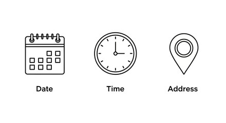 Illustration of a calendar, clock, and location pin icon representing date, time, and address information.