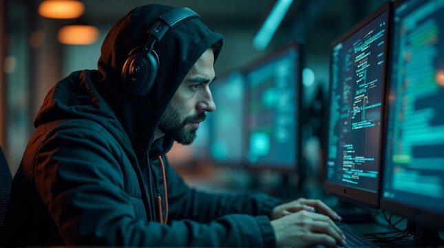 Focused programmer engrossed in coding with multiple monitors displaying source code