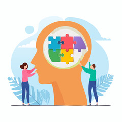 People Solving Brain Puzzles in a Colorful Illustration