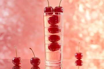 Cherry lemonade in a tall glass shaped like stacked cherries, suspended above a reflective rose-gold floor