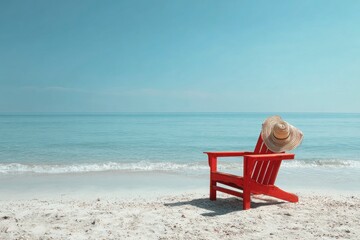 Relaxing beach scene with a red beach chair and a straw hat on white sand under a serene sky and...
