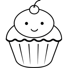 Cupcake character topped with baby face smile Line Art Vector illustration