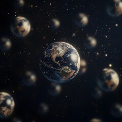 Fototapeta premium multiple spherical objects, similar in appearance to planets, suspended against a dark, starlit background