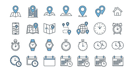 Obraz premium Collection of various location, time, and calendar icons, designed with blue and grey outlines.