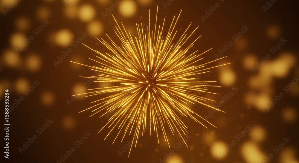 Poster golden starburst explosion with radiating lines and bokeh lights on a dark gold background, creating