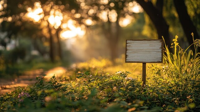 Blank wooden sign in a sunlit forest path