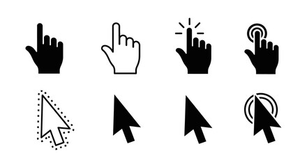 Fototapeta premium Collection of various hand and arrow icons representing clicking, pointing, and selection actions.