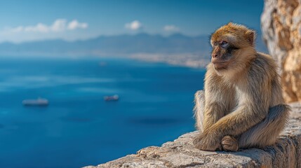 Naklejka premium Barbary Macaque overlooking the ocean majestic view Gibraltar