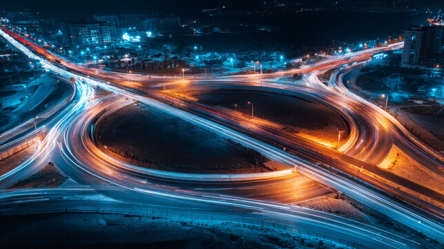 Drone photograph of a modern roundabout interchange at night, with long exposure light trails highlighting dynamic traffic movement and vibrant city illumination. ai generative - Powered by Adobe