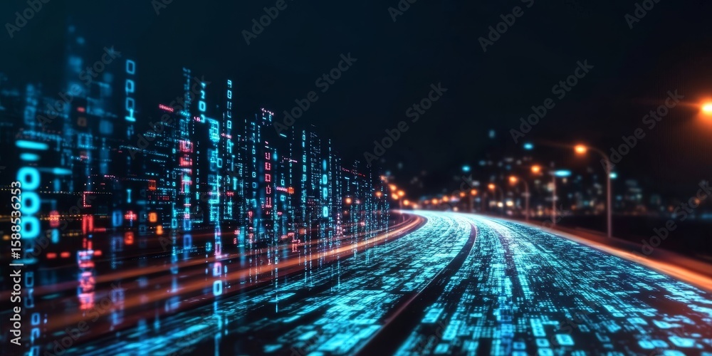 Poster cyber highway illustrating the dynamic interconnected world of digital data streams and networks