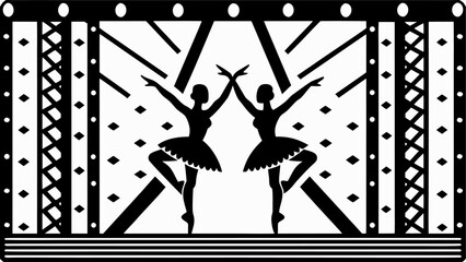 Obraz premium Two ballerinas performing on stage with spotlights and decorative stage elements in black and white style silhouette