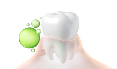 3D Illustration to show how to clean and whiten teeth with blue bubbles and water,Gum and teeth care concept.
