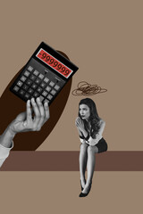 Banner poster art photo collage of sad businesswoman show pray gesture hand hold calculator minus...