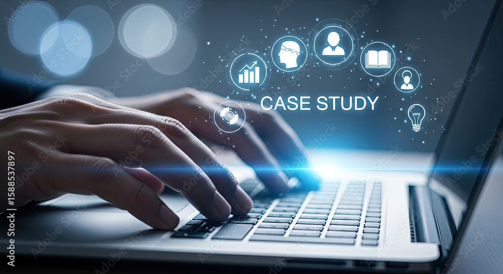 Poster case study analysis on laptop: business strategy, data analytics, and problem solving for success in