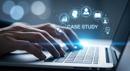 Case Study Analysis on Laptop: Business Strategy, Data Analytics, and Problem Solving for Success in the Digital Age, Typing on Keyboard Concept
