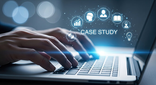 Case Study Analysis on Laptop: Business Strategy, Data Analytics, and Problem Solving for Success in the Digital Age, Typing on Keyboard Concept